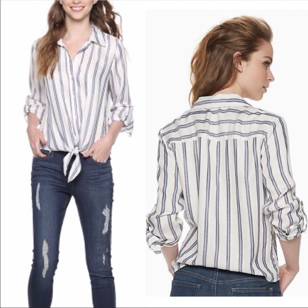 JL L White Navy Silver Metallic Striped Dolman Sleeve Tie Front Button Down Top
